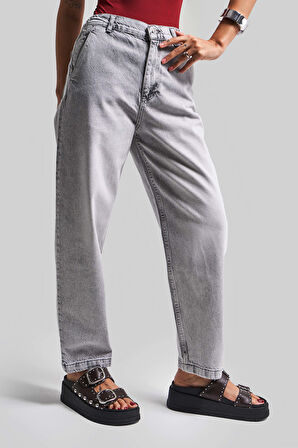 Kadın Gri Renk 4s5-12 Carrot Fit %100 Koton Beli Lastikli Rahat Kalıp Denim Jean