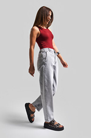Kadın Gri Renk 4s5-12 Carrot Fit %100 Koton Beli Lastikli Rahat Kalıp Denim Jean
