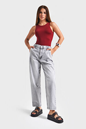 Kadın Gri Renk 4s5-12 Carrot Fit %100 Koton Beli Lastikli Rahat Kalıp Denim Jean