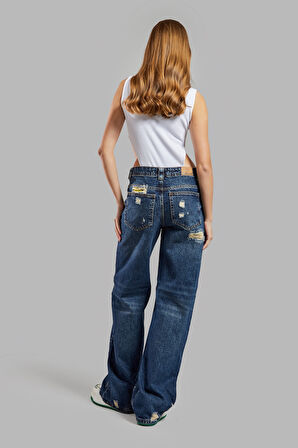 Kadın Kot Rengi 10W48 Tailored Relax Fit Etnik Desenli Denim