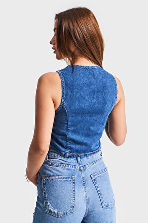 Kadın Mavi Renk 1s5-5 Asimetrik Kesim Önü Düğmeli Sıfır Kol Denim Yelek