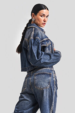 Kadın T.Kot Rengi 2W4-8 Zımba Parlak Taşlı Tasarım Denim Ceket