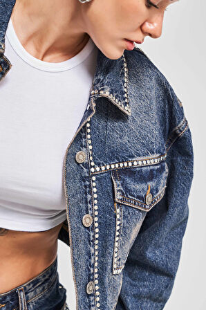 Kadın T.Kot Rengi 2W4-8 Zımba Parlak Taşlı Tasarım Denim Ceket