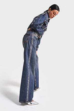 Kadın T.Kot Rengi 2W4-8 Zımba Parlak Taşlı Tasarım Denim Ceket