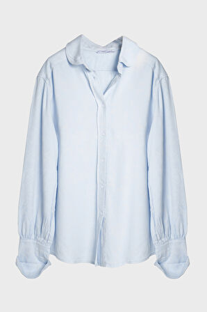 Kadın Bebe Mavisi 6s5-103 Organik Keten Kumaş Oversize Bol Kesim Gömlek