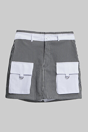 Kadın Siyah Beyaz Çizgili Renk Torba Cep Detaylı Mini Boy Özel Tasarım Etek