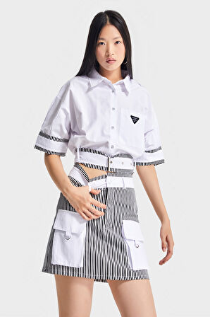 Kadın Siyah Beyaz Çizgili Renk Torba Cep Detaylı Mini Boy Özel Tasarım Etek