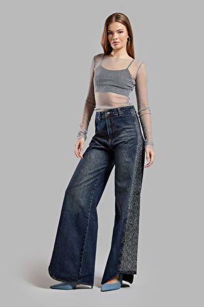 Kadın T.Kot Rengi 2w49 Parlak Taş Detaylı Wide Leg Fit Tasarım Denim