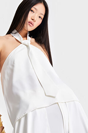 Kadın Ekru Renk Straptez Özel Kumaş Kravat Detaylı Tasarım Bluz