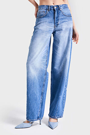 Kadın Mavi Kot Rengi 10S5-4 Kemer Tokalı Barrel Fit %100 Koton Denim
