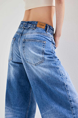 Kadın Mavi Kot Rengi 10S5-4 Kemer Tokalı Barrel Fit %100 Koton Denim