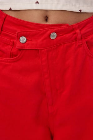 Kadın Kırmızı 6s6-19 Mega Baggy Fit Kemer Detaylı Denim Jean