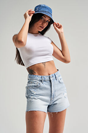 Kadın Snow Kot Rengi 10s5-3 Mini Boy Yırtık Detaylı Püsküllü Paça %100 Koton Denim Şort