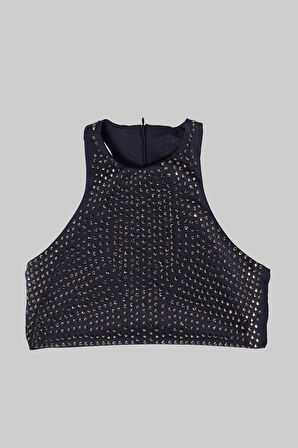 Kadın Lacivert Renk Halter Yaka Parlak Yapıştırma Taşlı Tasarım Crop Top