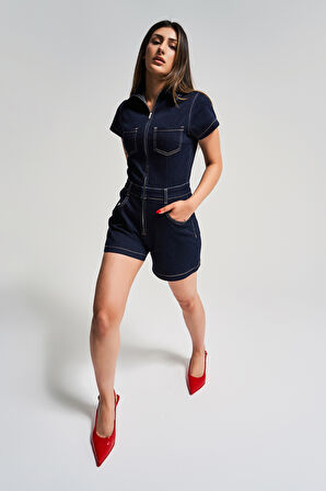 Kadın İndigo Renk 7s5-50 Süper Esnek Kumaş Fermuarlı Denim Şort Tulum