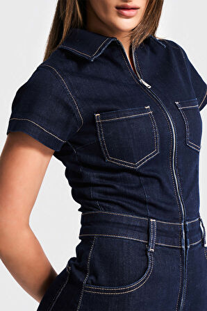 Kadın İndigo Renk 7s5-50 Süper Esnek Kumaş Fermuarlı Denim Şort Tulum