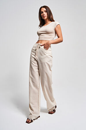 Kadın Bej Çizgili Renk s5-101 Belden Bağcıklı Bol Kesim Keten Kumaş Pantolon