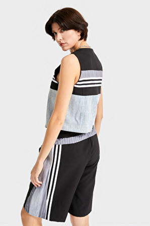 Kadın Gri Renk Kumaş Denim Parçalı Önden Düğmeli Sıfır Kol Tasarım Denim Yelek