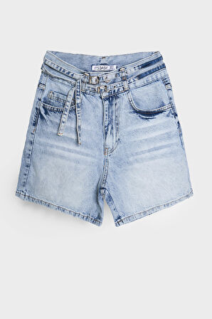 Kadın Kot Rengi 4s5-3 Midi Boy Çift Kemerli %100 Koton Tasarım Denim Şort