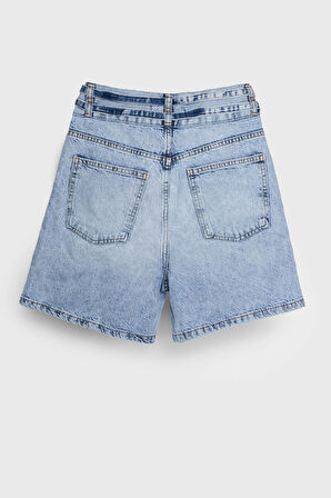 Kadın Kot Rengi 4s5-3 Midi Boy Çift Kemerli %100 Koton Tasarım Denim Şort