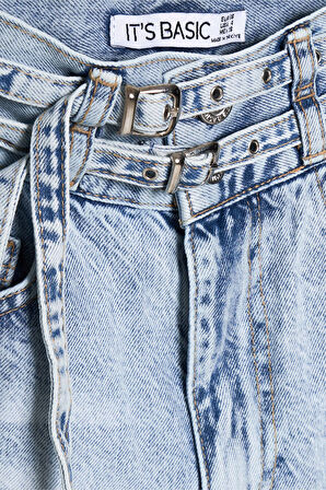 Kadın Kot Rengi 4s5-3 Midi Boy Çift Kemerli %100 Koton Tasarım Denim Şort