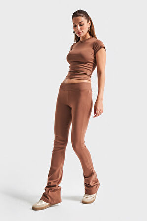 Kadın Kahverengi s5-81 Slim Fit Süper Esnek Kumaş Flare Fit Pantolon