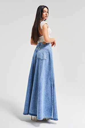 Kadın Mavi Renk 1s5-4 Maxi Boy 103cm A Tipi Çan Kesim %100 koton Süper Uzun Denim Etek