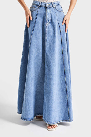 Kadın Mavi Renk 1s5-4 Maxi Boy 103cm A Tipi Çan Kesim %100 koton Süper Uzun Denim Etek