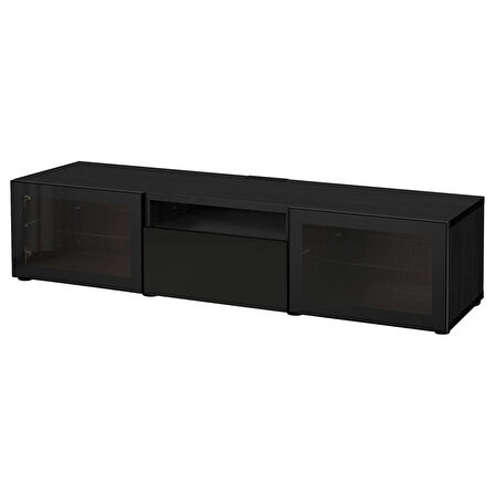 Tv sehpası, venge-siyah-şeffaf cam, 180x42x39 cm, SELSVIKEN/GLASSVIK, çıt çıt raylı