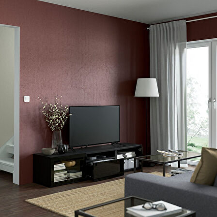 Tv sehpası, venge-siyah-şeffaf cam, 180x42x39 cm, SELSVIKEN/GLASSVIK, çıt çıt raylı