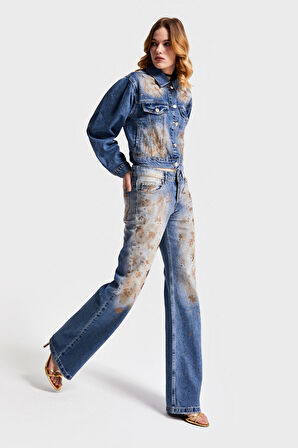 Kadın T.Kot Rengi 4S568 Parlak Taşlı Tasarım Baggy Flare Fit Denim
