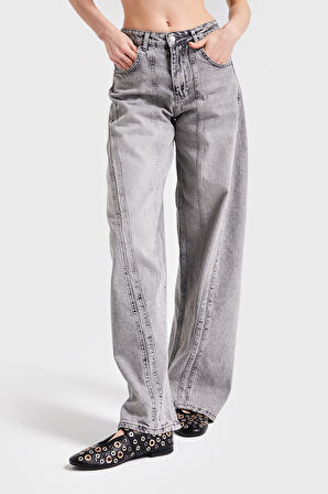 Kadın Gri Renk 4S5-92 Şerit Detaylı Straight Fit %100 Koton Denim