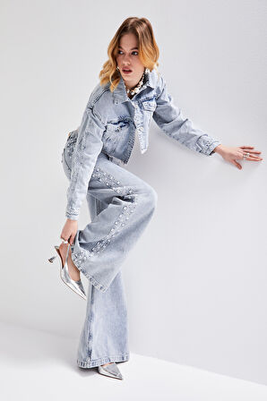 Kadın Kot Reng 3S565 Kolları Nakışlı Bol Kesim Tasarım Crop Denim Ceket