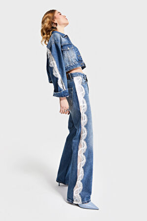 Kadın Kot Rengi 2S532 Kolları Dantelli Tasarım Denim Ceket