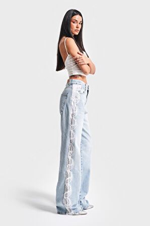 Kadın Snow Kot Rengi 4S5-3 Loose Fit Yanı Dantelli %100 Koton Tasarım Denim Jean
