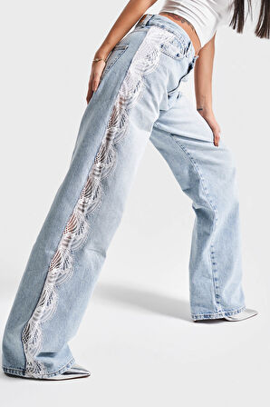 Kadın Snow Kot Rengi 4S5-3 Loose Fit Yanı Dantelli %100 Koton Tasarım Denim Jean