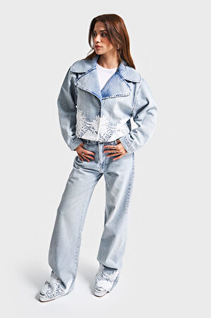 Kadın Kot Rengi 4S5-3 Dantelli Kruvaze %100 Koton Tasarım Denim Ceket