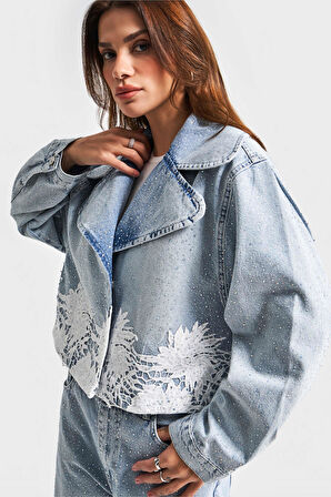 Kadın Kot Rengi 4S5-3 Dantelli Kruvaze %100 Koton Tasarım Denim Ceket