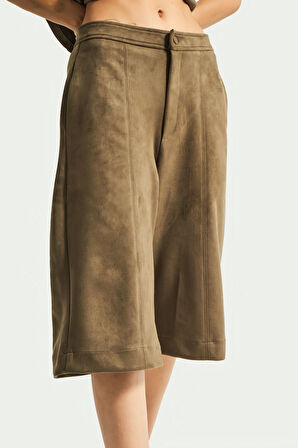 Kadın Haki Renk w5-15 Maxi Boy Esnek Yumuşak Süet Kumaş Bermuda