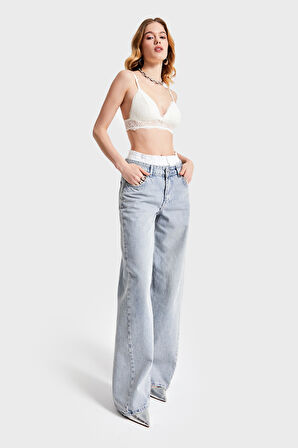 Kadın Kot Rengi 2S532 Dantelli Boxer Detaylı Palazzo Fit Denim