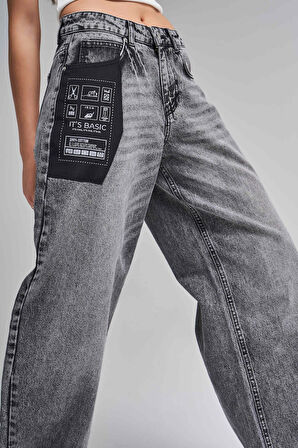 Kadın Füme Renk 2S5-73 %100 Koton Cep Detaylı Baggy Fit Denim Jean