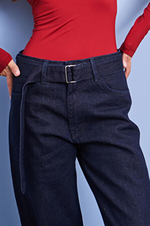 Kadın İndigo Renk 7w456 %100 Koton Kemerli Süper Uzun Denim