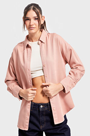 Kadın Pudra Renk 6s5-21 Organik Pamuk Viskon  Kumaş Oversize Gömlek