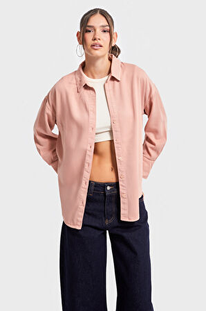 Kadın Pudra Renk 6s5-21 Organik Pamuk Viskon  Kumaş Oversize Gömlek