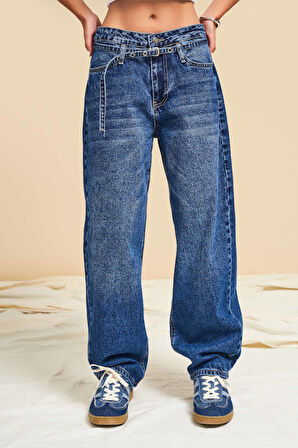 Kadın 5 Koyu Mavi Kemerli Tailored Fit Bol Kesim Denim