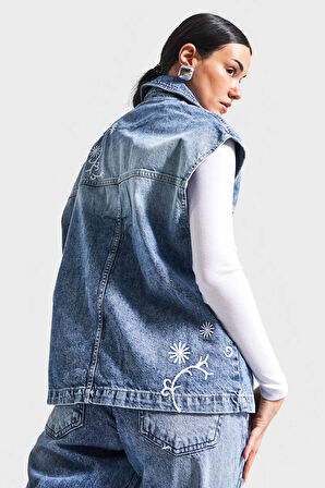 Kadın Mavi  Renk 4S5-27 Uzun Boy Nakış Detaylı %100 Koton Tasarım Denim Yelek