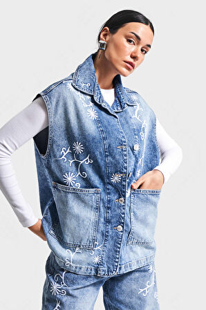 Kadın Mavi  Renk 4S5-27 Uzun Boy Nakış Detaylı %100 Koton Tasarım Denim Yelek