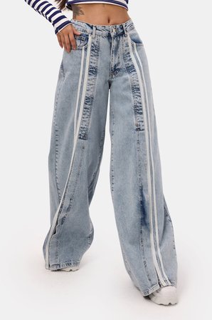 Kadın Kot Rengi 3s6-27 Palazzo Fit Şerit Detaylı Tasarım Denim Jean