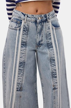 Kadın Kot Rengi 3s6-27 Palazzo Fit Şerit Detaylı Tasarım Denim Jean