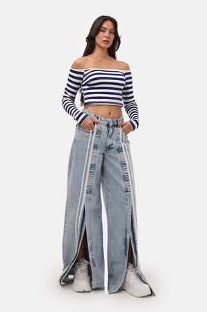 Kadın Kot Rengi 3s6-27 Palazzo Fit Şerit Detaylı Tasarım Denim Jean